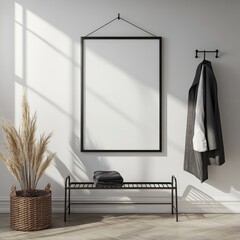 Modern minimalist room featuring a black frame on the floor beside an iron rack, set against a white wall. Clean and stylish design with a focus on simplicity.