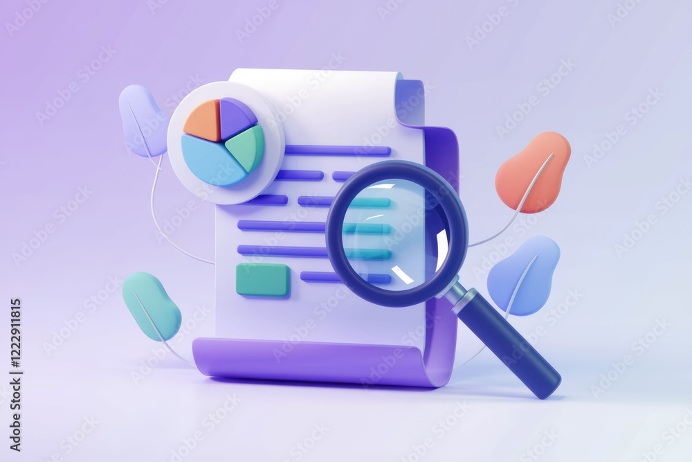 Poster data analysis report with pie chart and magnifying glass, illustrating insightful business informati