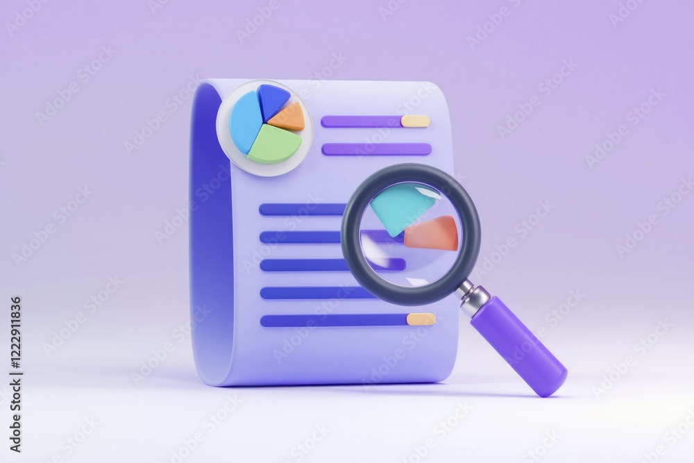 Poster 3d render of a document with a pie chart being examined with a magnifying glass, signifying data ana