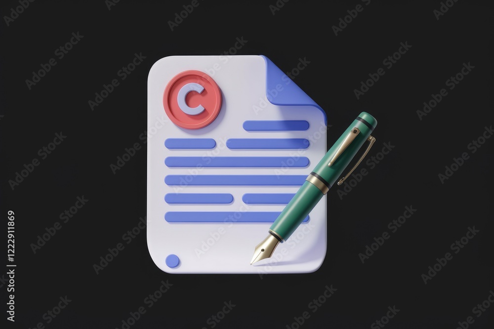 Poster a 3d rendering of a copyrighted document with a fountain pen, symbolizing authorship and intellectua