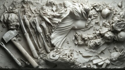 Detailed view of a sculptor's toolkit, including specialized chisels and hammers for different materials