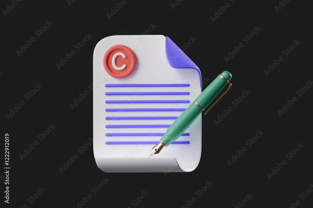 Poster 3d rendering of a copyright document with a pen, symbolizing authorship and intellectual property.