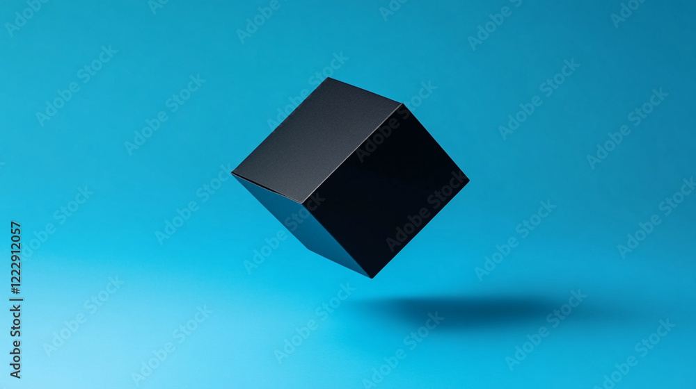 Poster floating black cube minimalist abstract design modern blue background simple geometric shape 3d