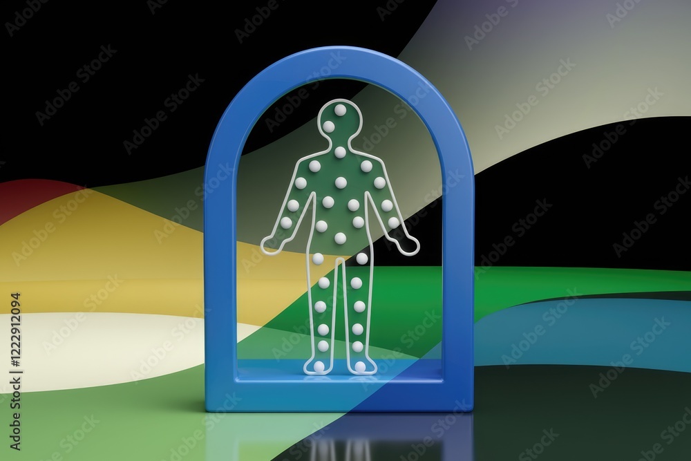 Poster abstract 3d rendering of a human figure with dots, representing data points or body map.