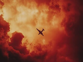 Naklejka premium Plane in Red Cloudy Sky