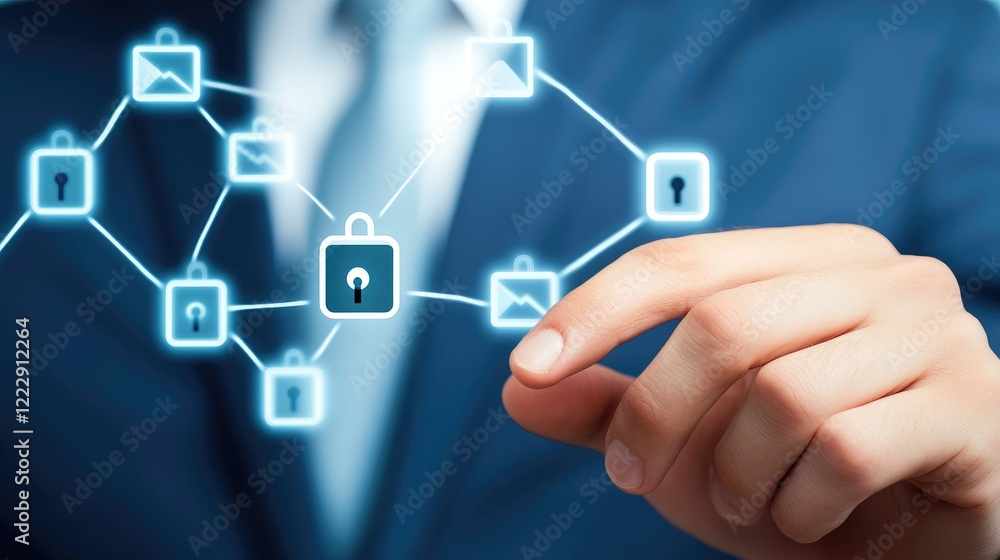 Aufkleber hand engaging with digital cyber security icons representing data protection and privacy, featuring 