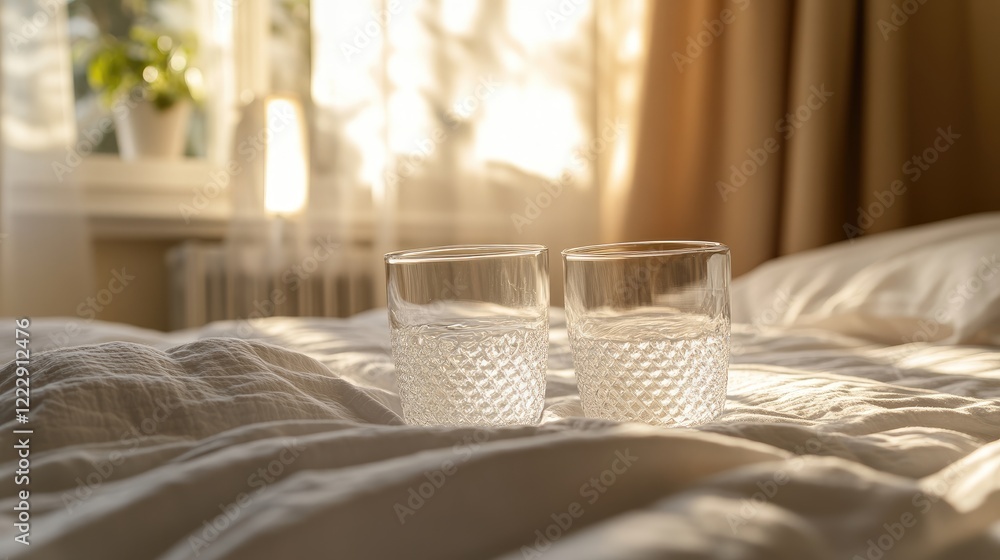 Aufkleber cozy bedroom scene featuring two glasses on a bed with natural light and soft linens ideal for relax