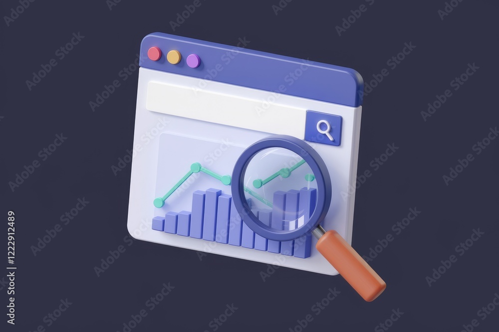 Poster 3d render of a web browser window displaying a graph being magnified by a magnifying glass, signifyi