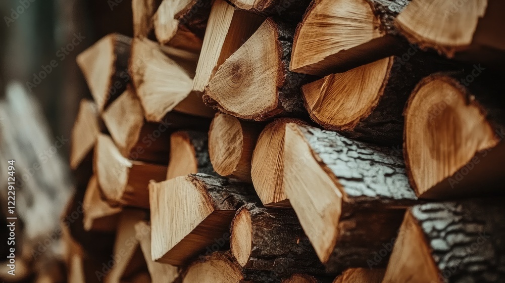 Poster Close up of neatly stacked firewood showcasing natural textures with ample empty space for text or branding purpose