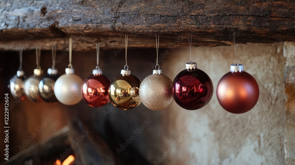 Poster close up of festive holiday ornaments hanging by a rustic fireplace with ample empty space for seaso