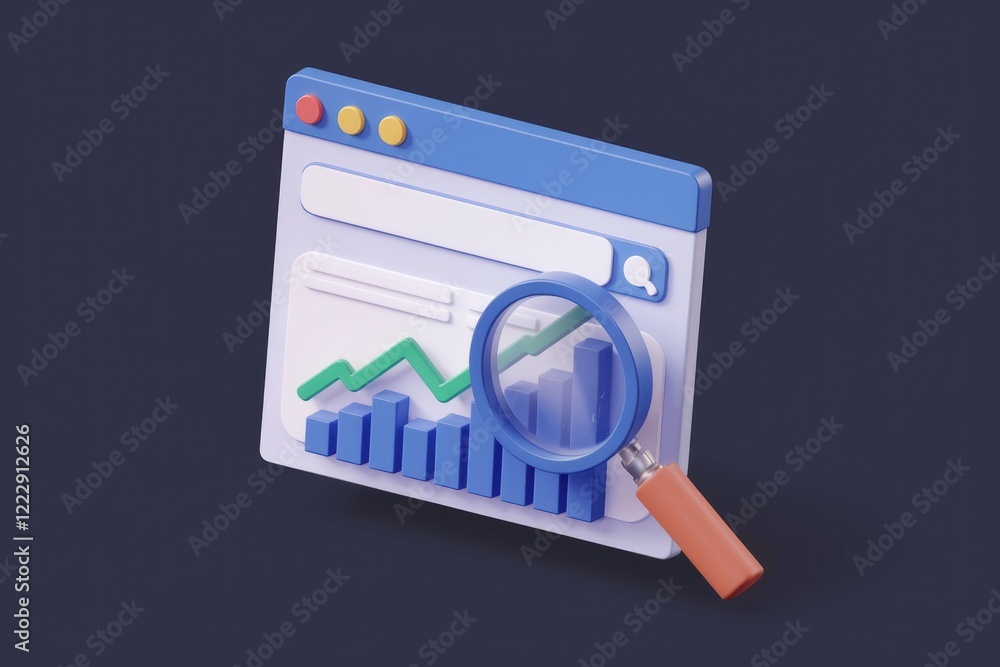 Poster magnifying glass analyzing upward trending bar graph on a webpage, indicating growth and progress.