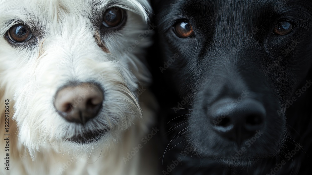 Aufkleber Close up of a fluffy white dog and a black dog facing camera with empty space for text and branding use