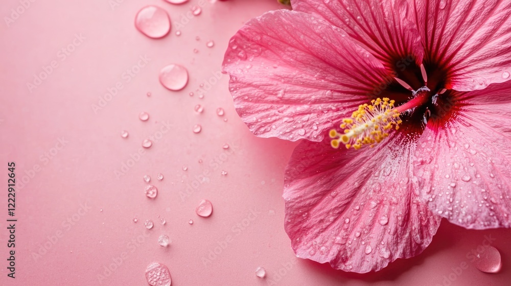 Poster close up of vibrant pink hibiscus flower with water droplets on soft pink background featuring ample