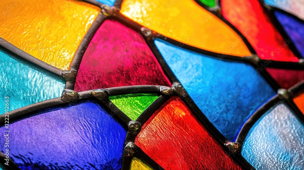 Poster Colorful stained glass window detail with vivid patterns and empty space for text, perfect for artistic or religious themes.