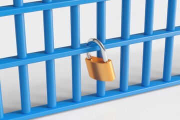 A gold padlock secures a blue jail cell, symbolizing imprisonment or restriction.