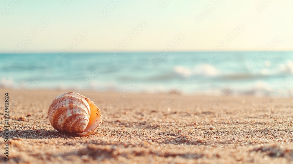 Poster Hermit crab in shell on sandy beach with gentle waves in background empty space for text and design elements