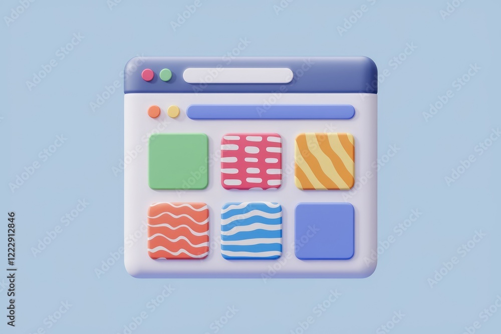Poster A 3D render of a website interface with colorful patterned blocks.
