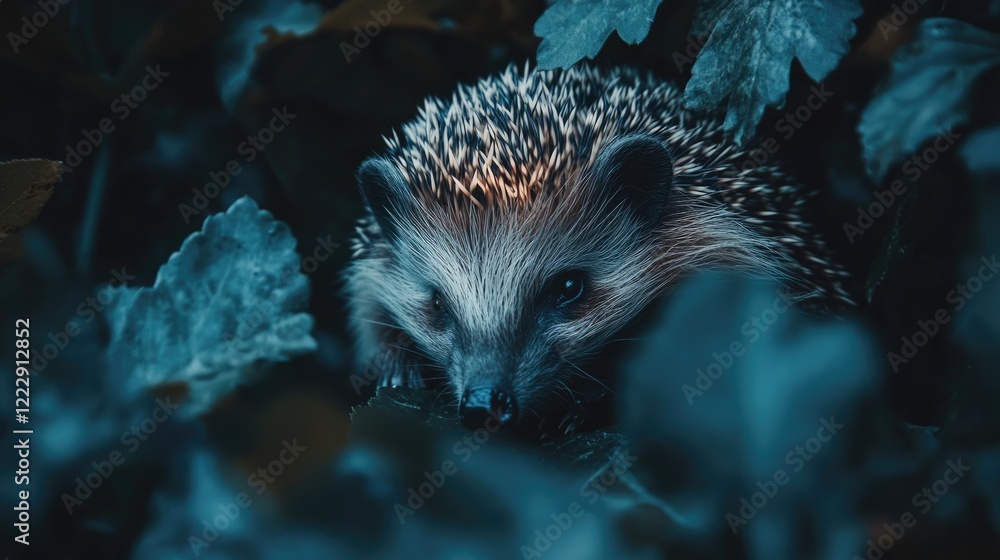 Poster hedgehog hiding in garden surrounded by leaves with soft focus ideal for nature themes and text over