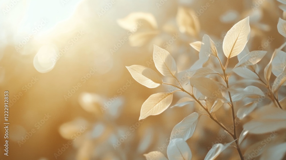 Fototapete Close up of autumn leaves illuminated by soft sunlight creating a warm atmosphere with ample empty space for text or design elements
