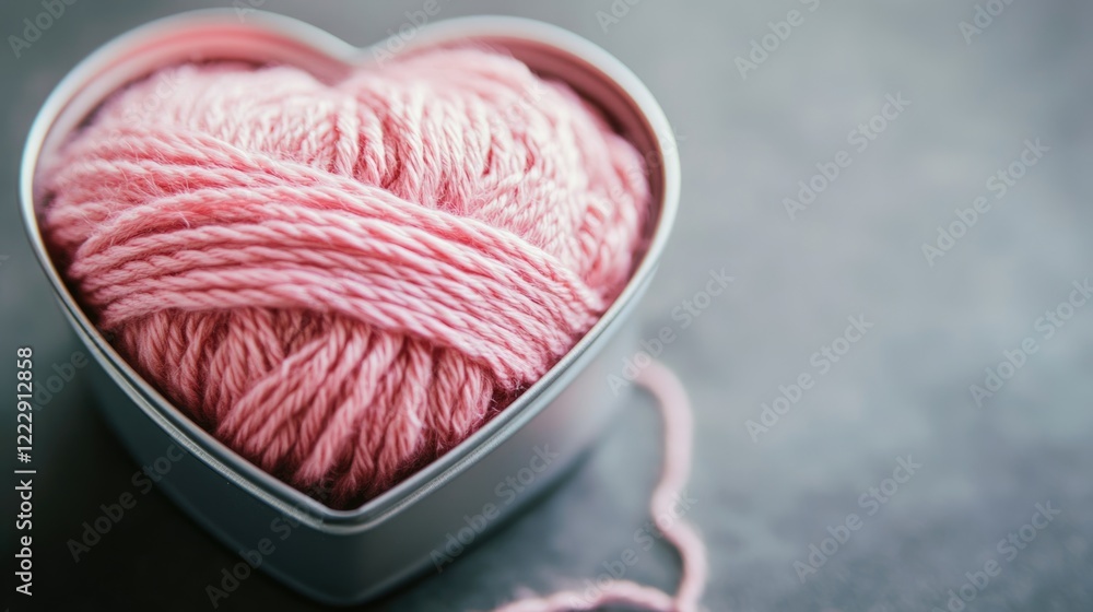 Poster heart shaped tin overflowing with soft pink knitting yarn on a textured surface ideal for cozy theme