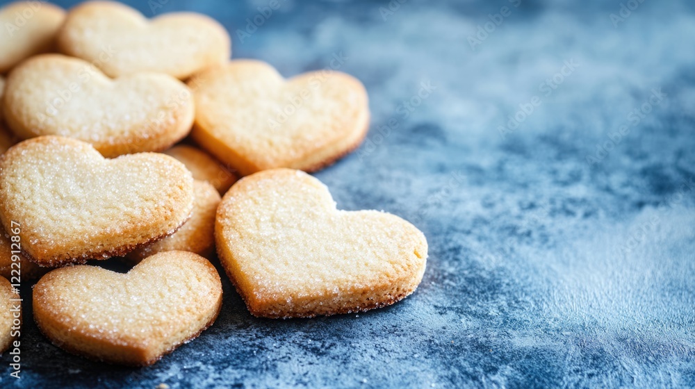 Aufkleber Heart shaped sugar cookies arranged on a textured surface with ample empty space for personalized text or messages.