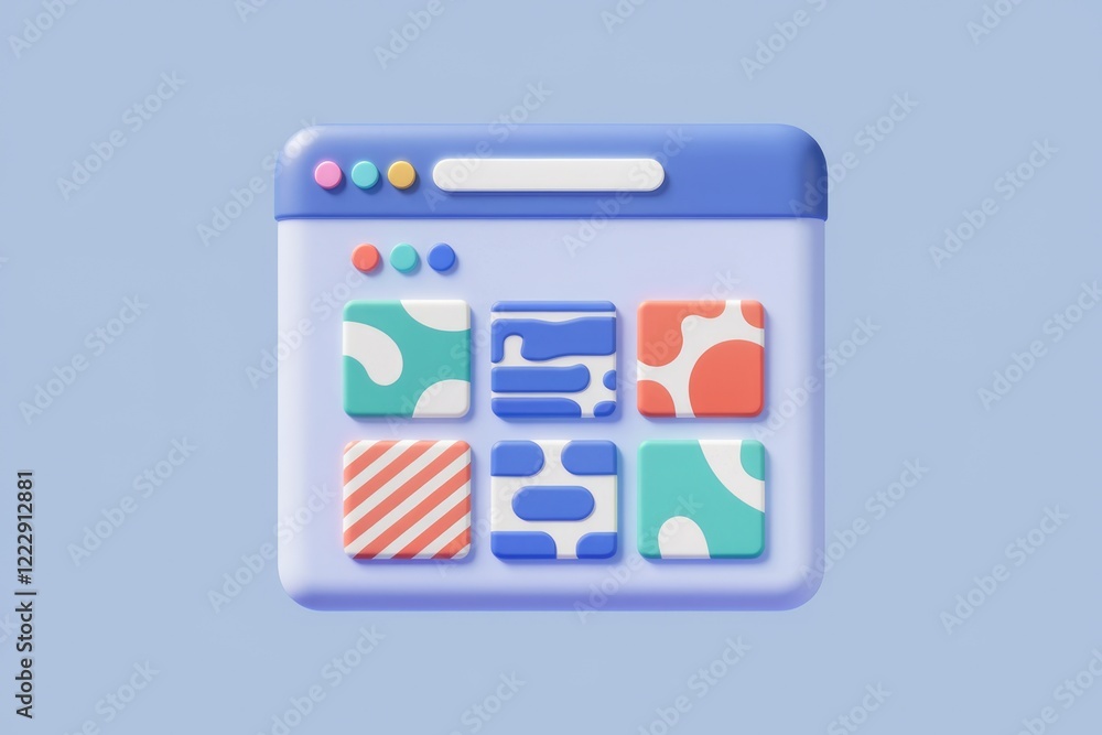 Poster A 3D rendering of a website interface with colorful abstract pattern tiles.