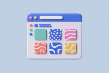 Fototapeta premium A 3D rendering of a website interface with colorful abstract patterns and buttons.