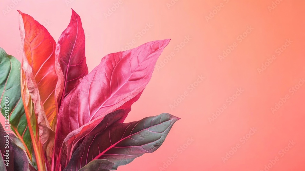 Poster vibrant swiss chard plant against soft pink background with copy space for text and design elements