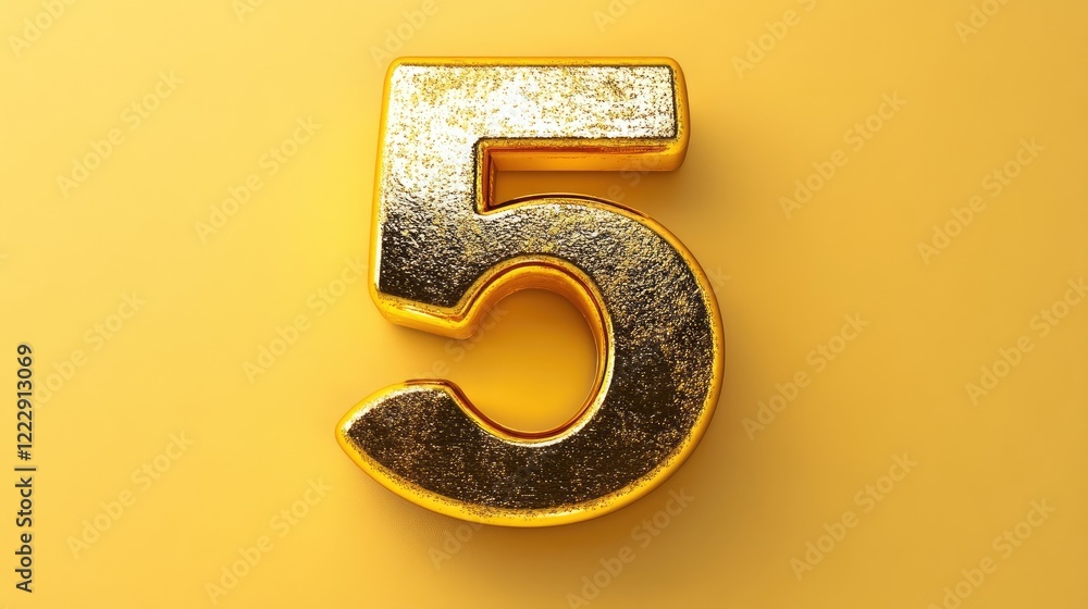 Aufkleber Shiny golden number 5 cutout on a vibrant yellow background with ample space for text and design elements for various creative uses