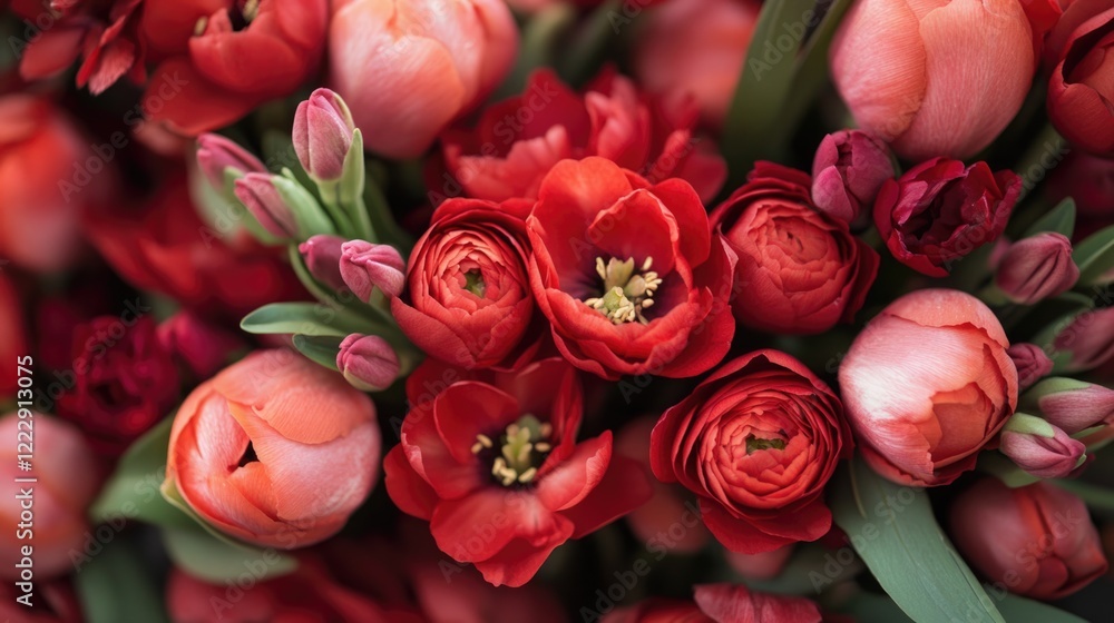 Poster Close up of vibrant red peach blossoms in a lush bouquet with soft focus background ideal for adding personalized text or messages
