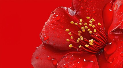 Stunning close-up of a vibrant red flower with water droplets on petals, set against a bold red background.
