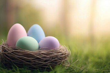Obraz premium A nest filled with pastel-colored Easter eggs resting on green grass, symbolizing spring and celebration.