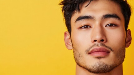 Naklejka premium Close up portrait of a handsome Asian male against a vibrant yellow background with ample space for text or graphic overlay