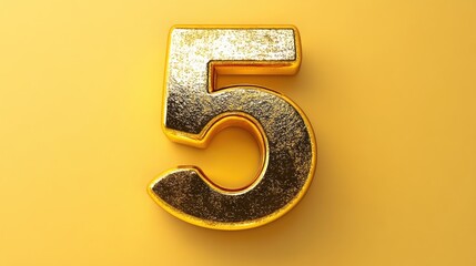 Shiny golden number 5 cutout on a vibrant yellow background with ample space for text and design elements for various creative uses