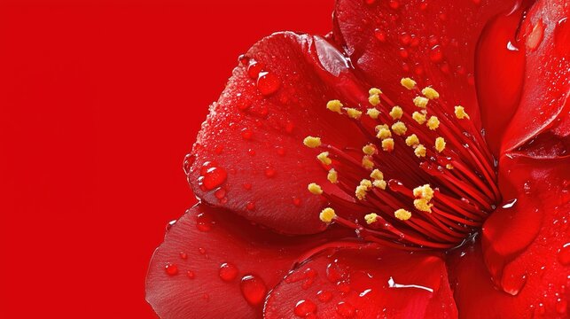 Stunning close-up of a vibrant red flower with water droplets on petals, set against a bold red background.