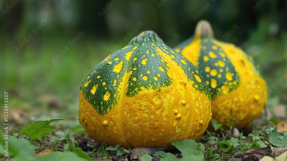 Poster close up of a vibrant yellow and green pumpkin on grass highlighting natural textures with space for