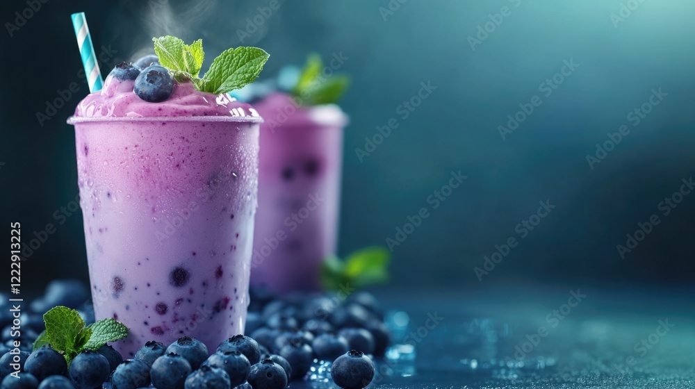 Poster refreshing blueberry beverages with mint leaves in summer setting accompanied by fresh blueberries a