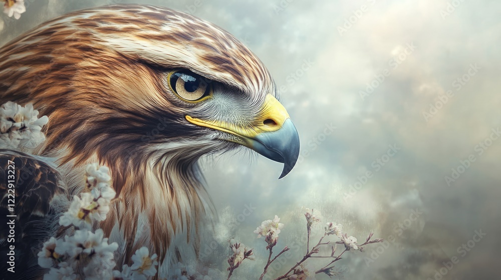 Aufkleber majestic hawk profile surrounded by delicate flowers with soft hues and ample space for text or bran