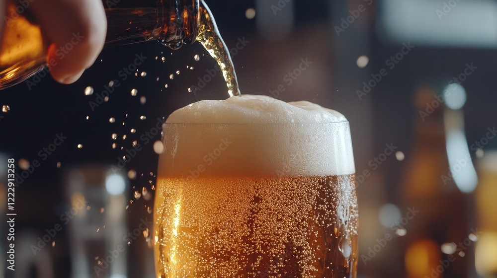 Poster Hand pouring cold beer into a glass creating foam with splashes and empty space for beverage advertisement or promotional text
