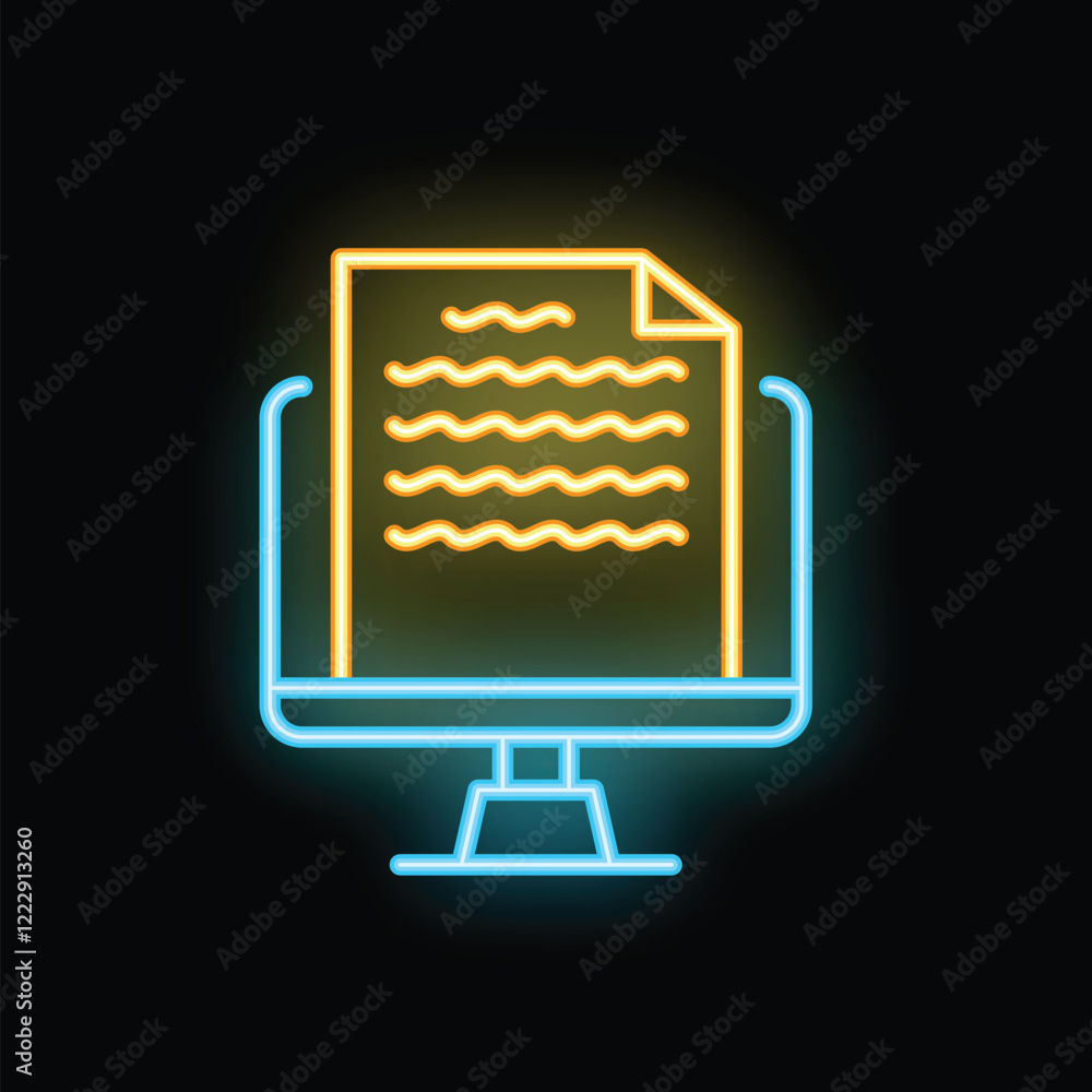 Poster bright neon icon of a text document displaying on a computer screen, representing online document ac