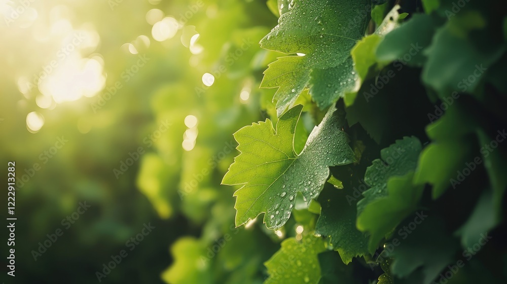 Poster close up of fresh green grapevine leaves glistening with dew in a sunlit vineyard showcasing lush gr