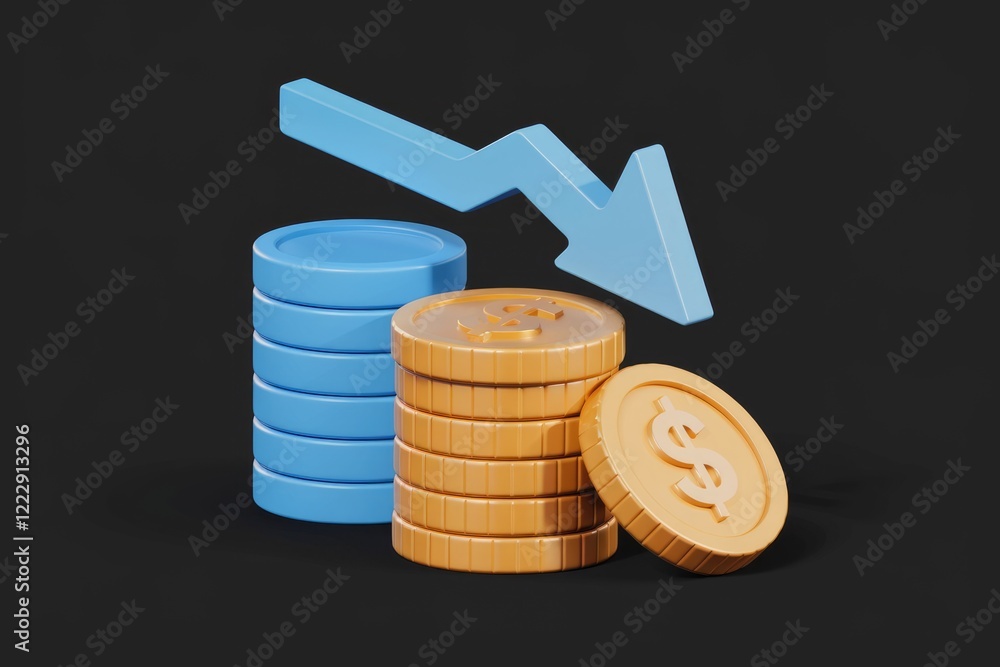 Poster 3d rendering of downward arrow indicating a decrease in value of stacks of coins.