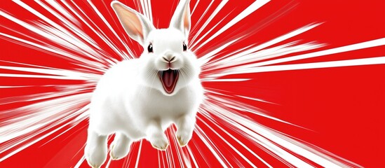 A lively cartoon rabbit jumping against a vibrant red background, showcasing excitement and energy with dynamic motion lines.