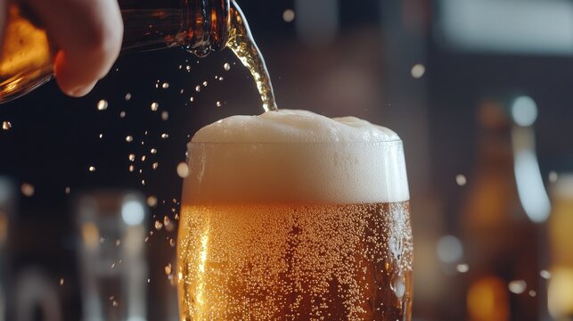 Hand pouring cold beer into a glass creating foam with splashes and empty space for beverage advertisement or promotional text