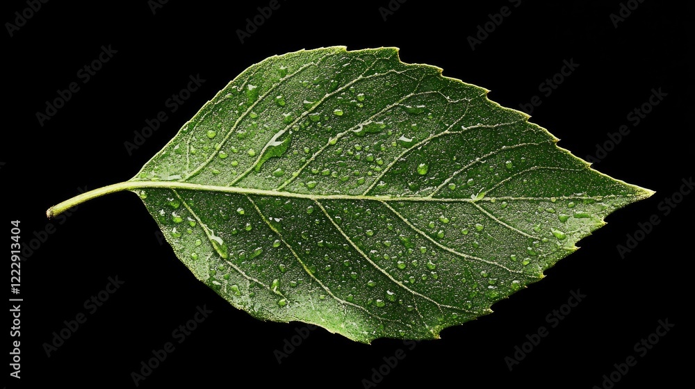 Poster macro shot of a green leaf with water droplets against a black background showcasing natural texture