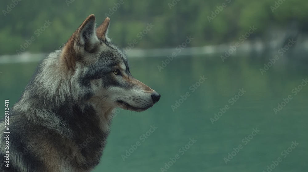Poster gray wolf profile portrait against serene green backdrop with ample copy space for text or branding 