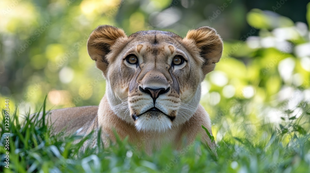 Poster adult asiatic lion portrait resting in lush greenery with empty background space for creative text o