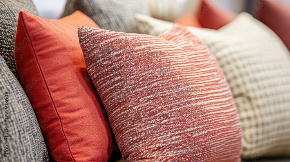 Poster Pillows and upholstery fabric close up showcasing textures and patterns with blurred background ideal for text placement