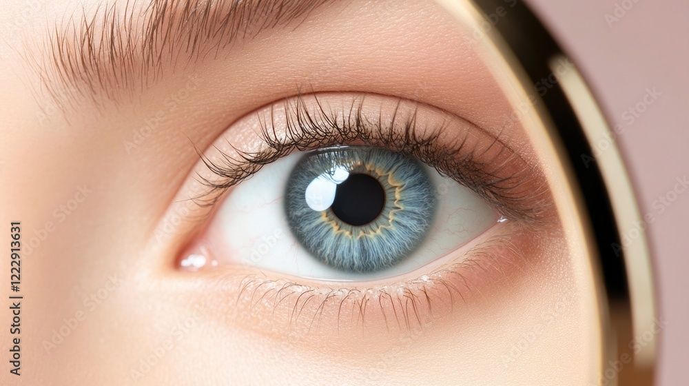 Poster Close up view of a human eye magnified by a glass lens with ample blank space for adding text or graphics in design projects