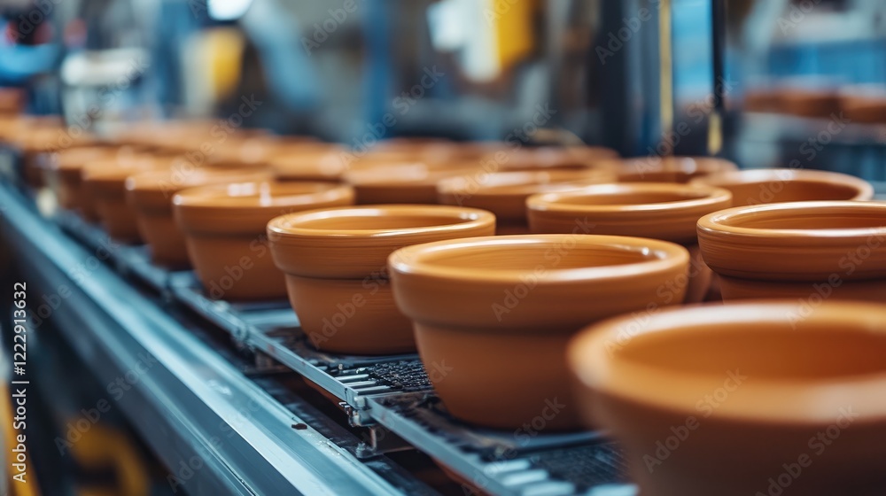 Poster Handcrafted terracotta pots lined up on an assembly line showcasing craftsmanship with empty space for branding or text insertion